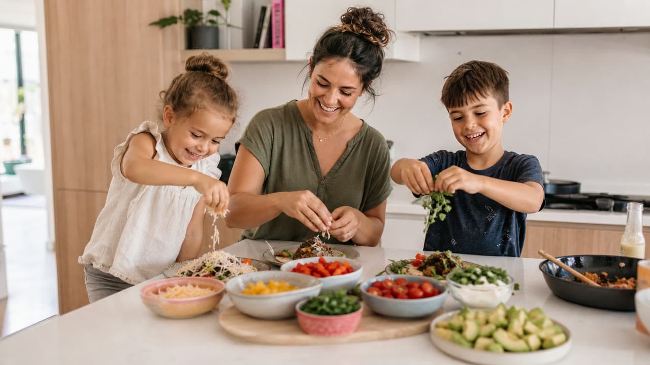 Two young kids helping make tacos at the kitchen island